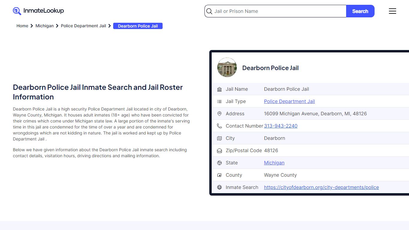 Dearborn Police Jail Inmate Search and Jail Roster Information